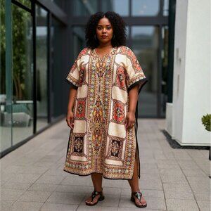 Beige Geometric Print Cover Up Caftan Dress Summer Beach Maxi Dresses for Women